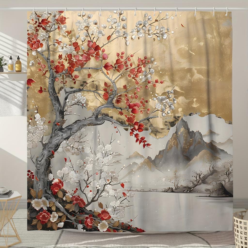 The charming oriental plum blossom shower curtain art print is suitable for home decoration and is the perfect choice