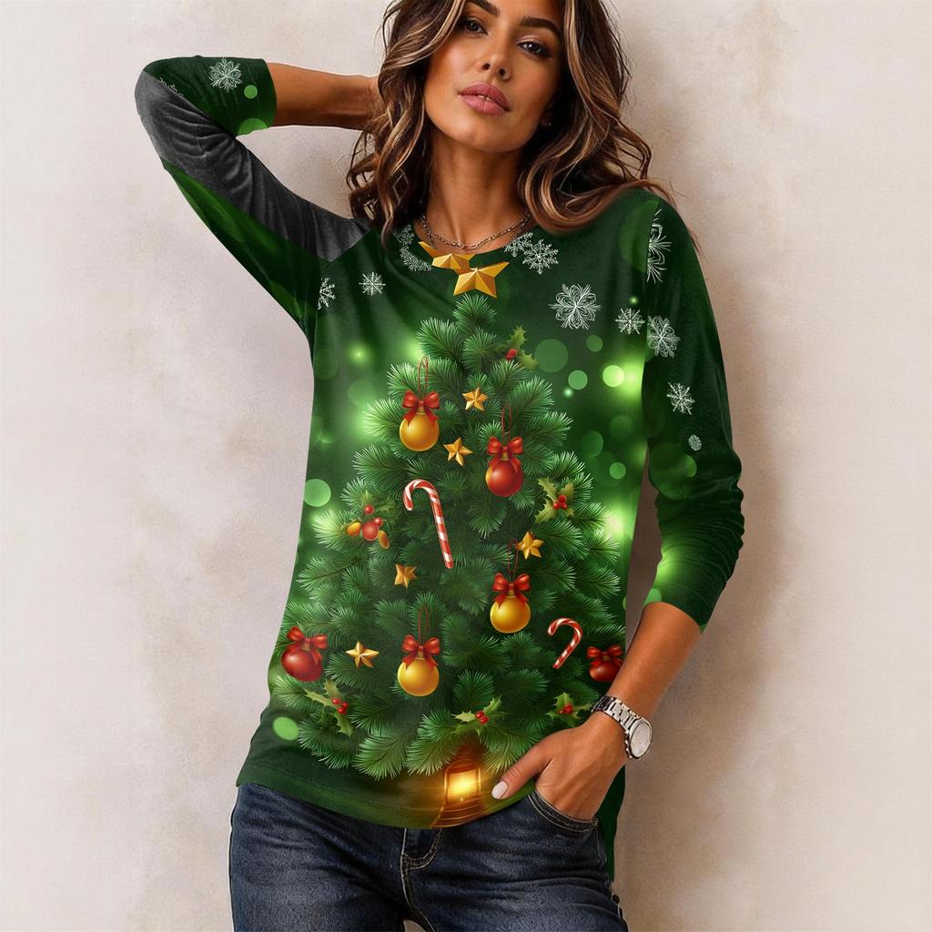 Women's Christmas Print Long Sleeve Neck Pullover Top