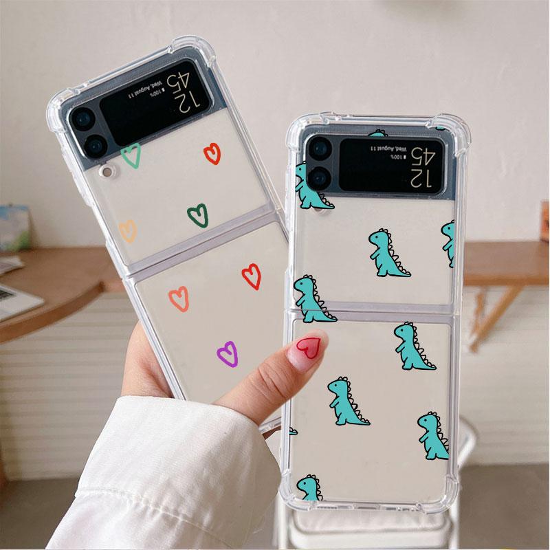 Blume Kleiner Dinosaurier Luxus Hülle Für Samsung Galaxy Z Flip 3 4 5G Funda Z Flip3 Klare PC Hart Stoßfest Rückseite Handy Coque