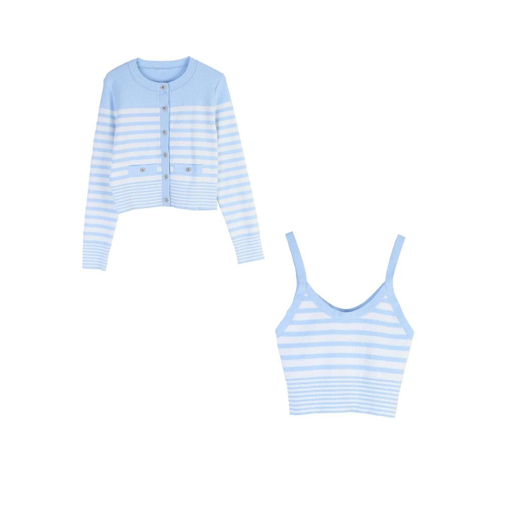 Women's Striped Color Block Slim Fit Knit Cardigan & Camisole Set - Spring/Autumn, Round Neck, Long Sleeve
