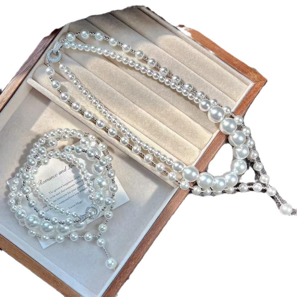 Vintage Design Sense Artificial High-Gloss Crystal Pearl Imitation Australian White Double-Layer Collarbone Chain Necklace