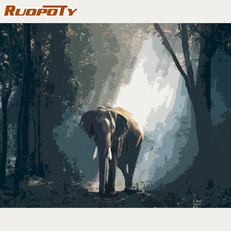 

Рамка RUOPOTY, сделай сам, картина по номерам, слоны, животные, акриловая раскраска по номерам, краска на холсте, ручная роспись, картина маслом 40x50CM NO Frame