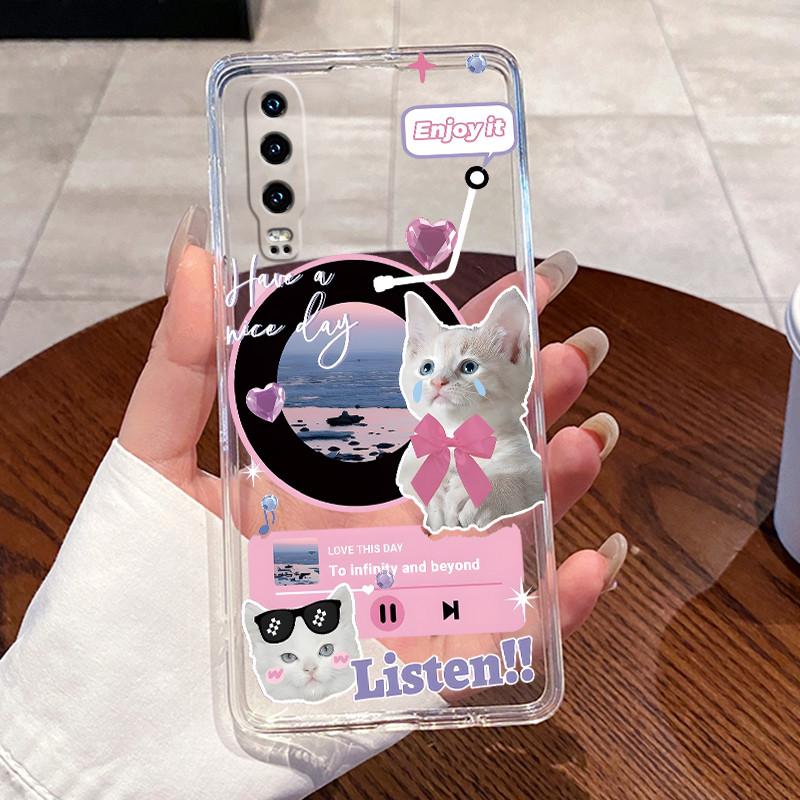 Casing For Huawei P30 ELE-L29 L09 Case Huawei P30 Pro VOG-L29 L09 Cover Aesthetic Cute Cat Cartoon Transparent Silicone Bumper