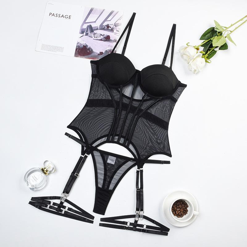 Sexy Mesh Bras Set Luxury Brand Bodysuit Backless Tops for Women 3 Piece Lingerie Set with Garter Sexy Underwear Set for Women