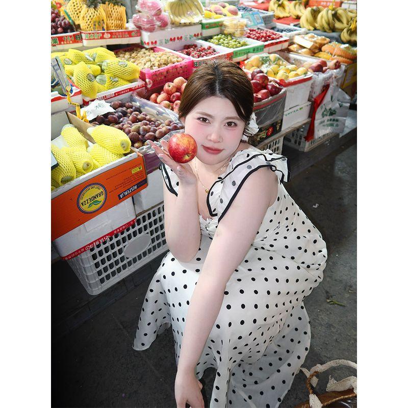 Dmcc Romantic Prelude French-Style Off-Shoulder Polka Dot Strap Dress for Slightly Plump Women, Slimming Plus-Size Summer Dress