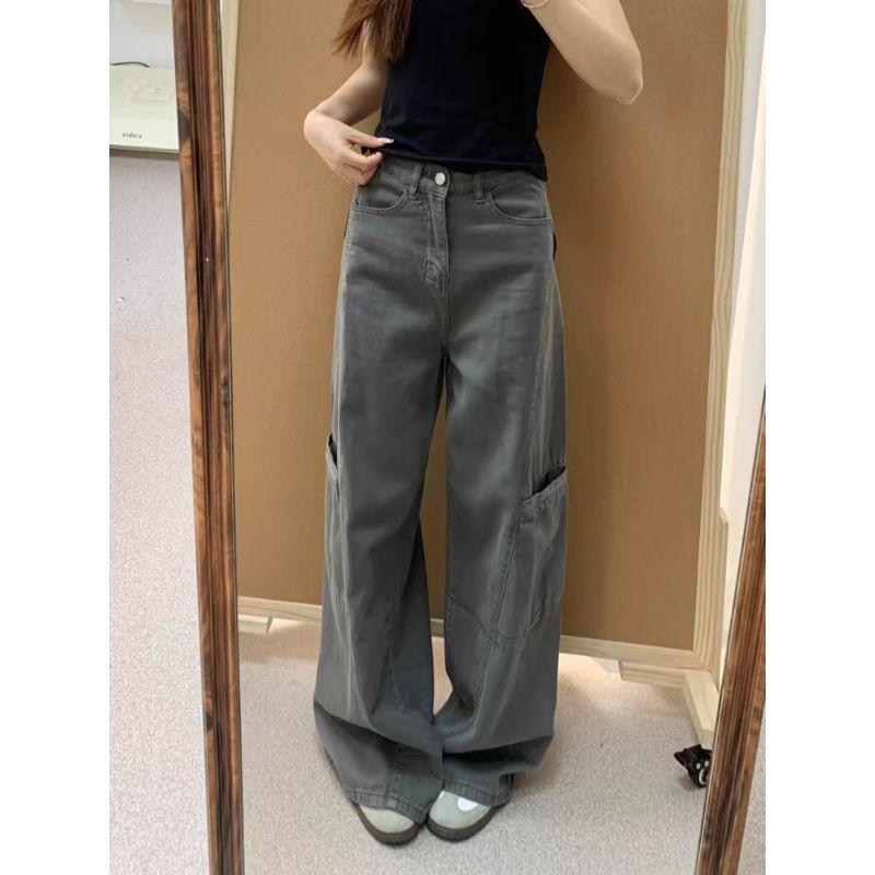 American Style Cement Gray High Waist Wide Leg Denim Jeans for Women - Plus Size Slimming Loose Fit (Autumn 2025)