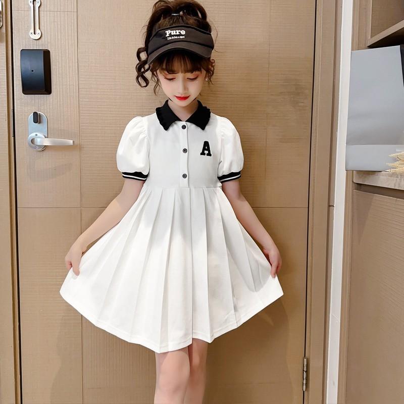 Girls Summer Polo Collar Short Sleeve Dress Preppy Pleated Skirt School Uniform For Big Kids