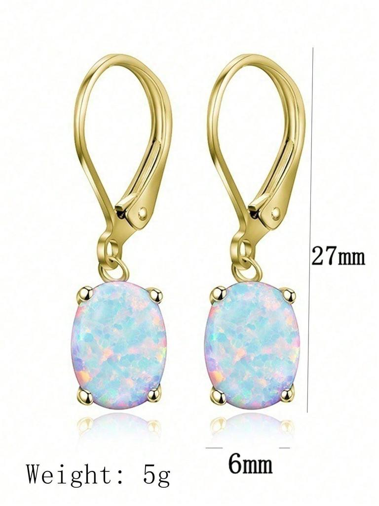 1 Pair New Arrival Popular Luxury 4-Claw Oval Artificial Opal Earrings, Fashionable Accessories For Both Men And Women