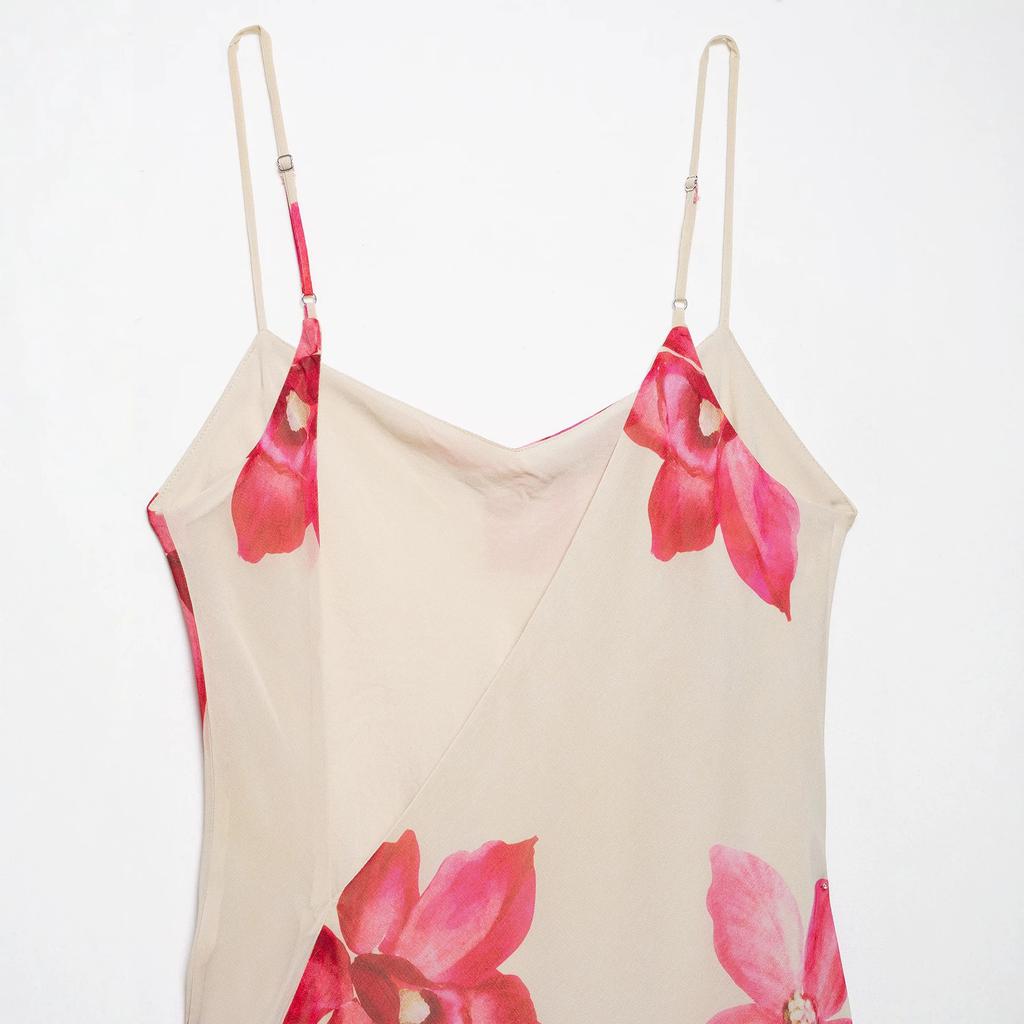 Summer new French European and American style flower print sleeveless pleated Midi suspender dress