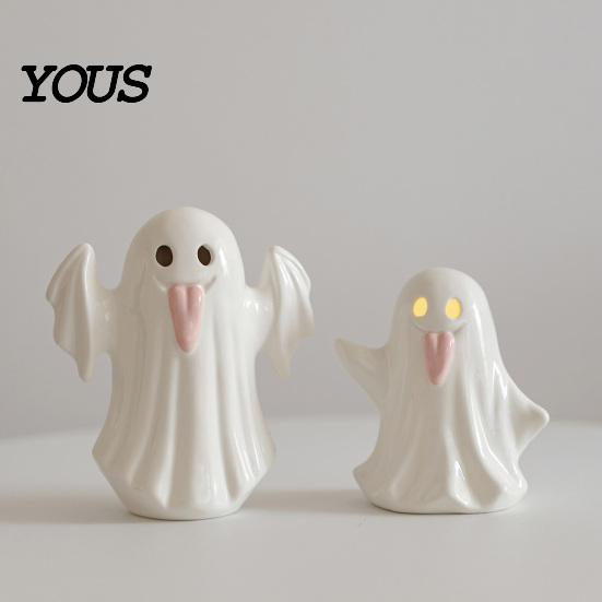 Modern Minimalist Home Decor Light Up Ceramic Ghost Figurines for Halloween Decor, Cute White Statue Milky Vase with Pink Tongue, LED Night
