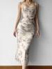 New Summer Retro Style Rose Mesh Suspender Long Dress with Split Ends and Sexy Slim Hip Skirt Female Tide