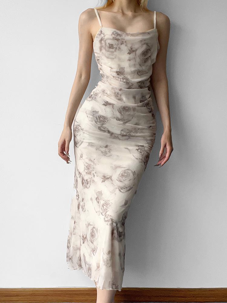 New Summer Retro Style Rose Mesh Suspender Long Dress with Split Ends and Sexy Slim Hip Skirt Female Tide