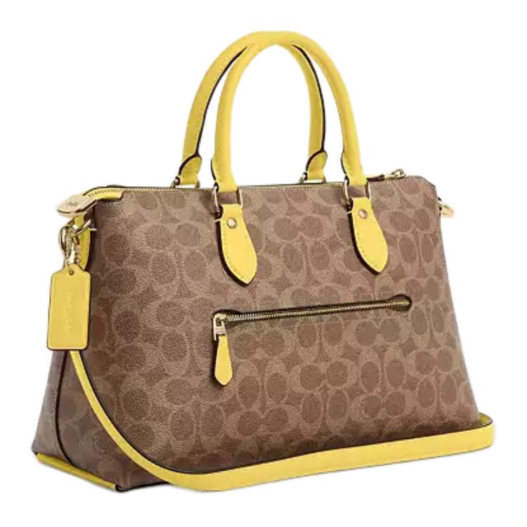 Coach Brown Signature Canvas Yellow Leather Trim Convertible Satchel Handbag for Daily Use