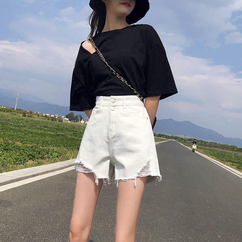 Pants Classic and Minimalist Fashion Versatile Broken Holes Thin Female High-waisted A Word Thin Loose Wide-legged Son Denim Shorts Individuality