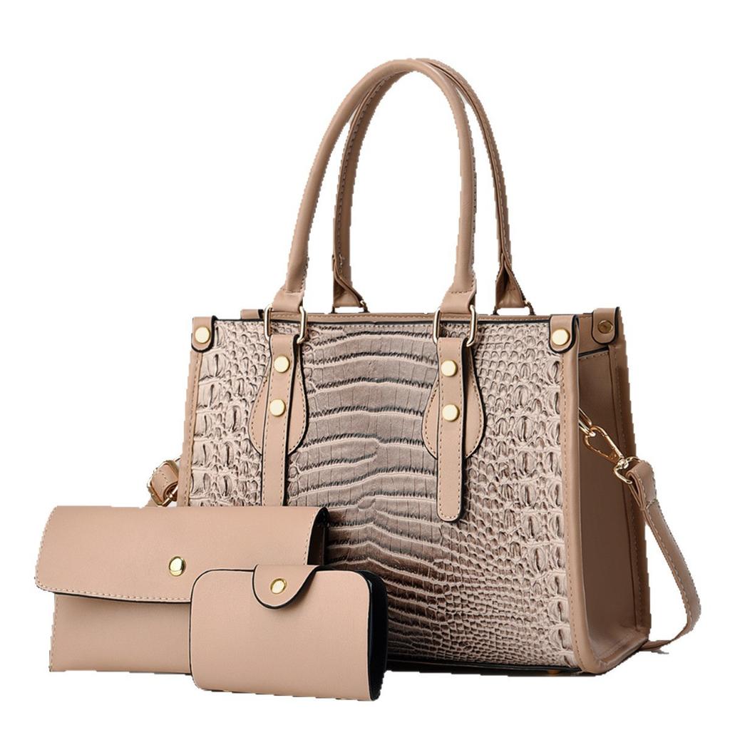 Women’s Trendy European Retro Crocodile Pattern Tote Bag Set, 3Pcs Convertible Top Handle Shoulder Crossbody Purse