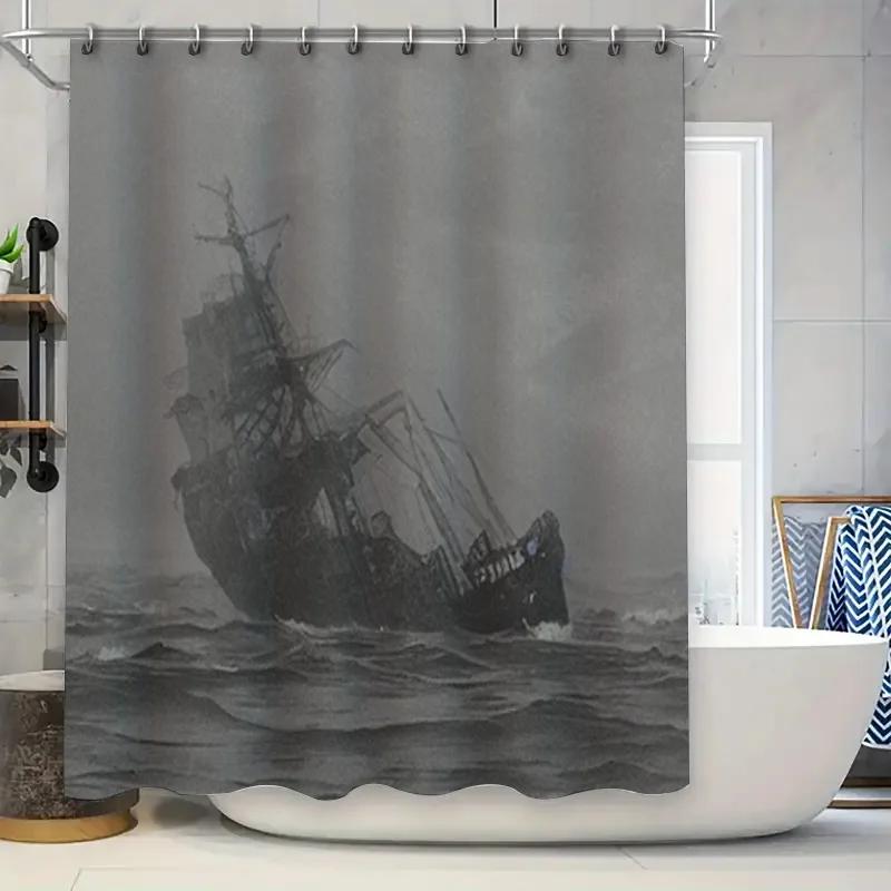 

Shower Curtain Gray Pirate Ship Dark Fantasy Bath Decor Waterproof Home Decoration Modern White Bathtub Set Bathroom Shower Line W90xH180cm