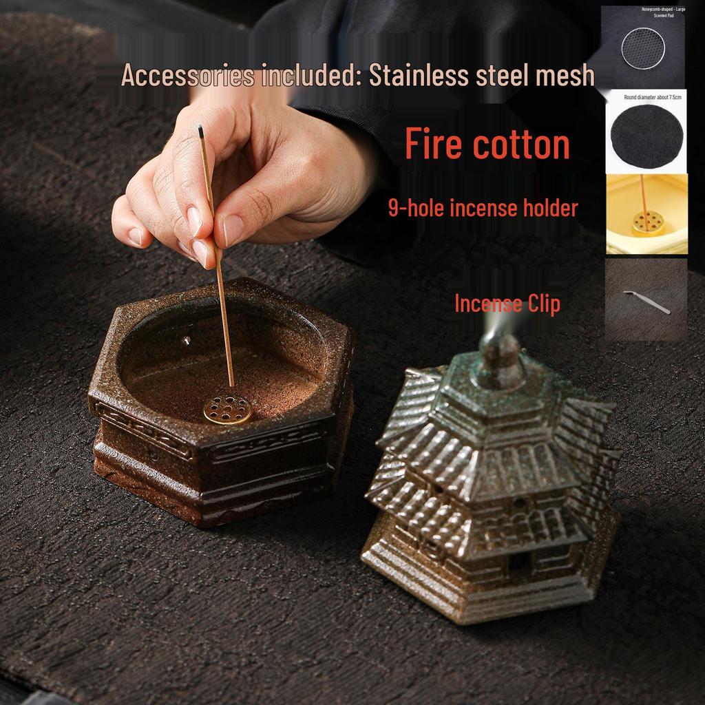 Compact Zen-Inspired Ceramic Incense Burner and Holder in Black Pottery