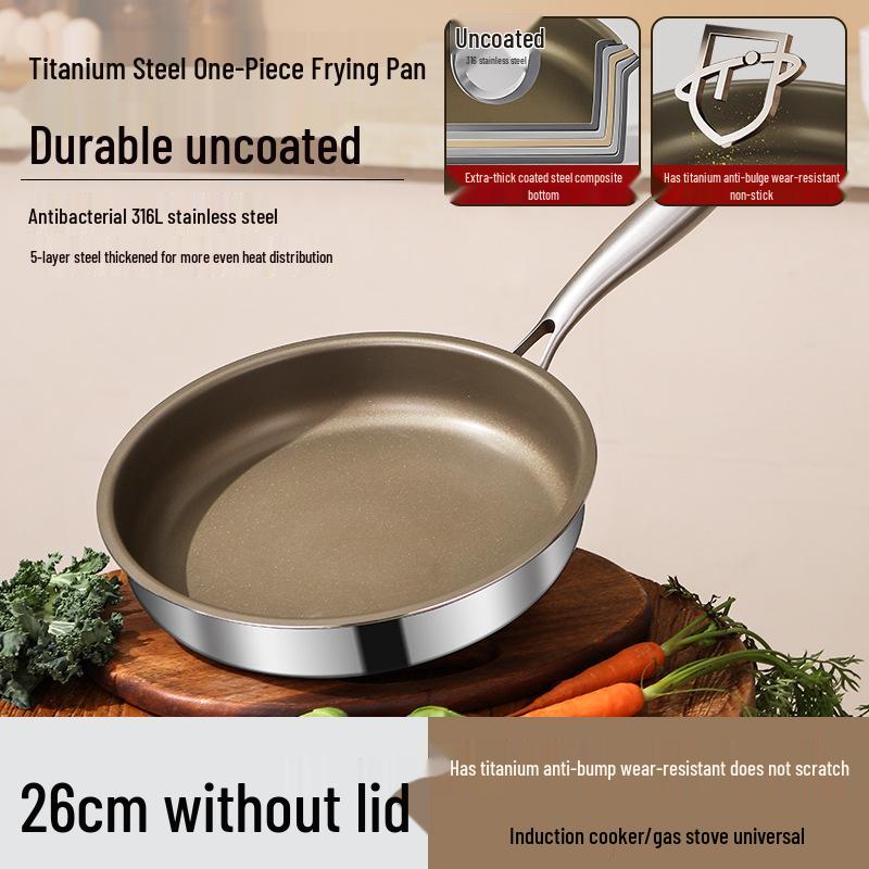 Titanium 316L Non-Stick Stainless Steel Frying Pan, Flat-Bottomed, Universal for Induction and Gas Stoves, Ideal for Commercial Use and Fried Eggs.