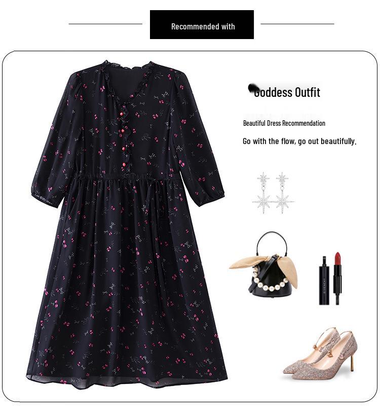 Floral Print Tie-Up Dress with Ruffle Lace for Mid-Age Moms - Long Sleeve, Over-the-Knee, Age-Reducing Design
