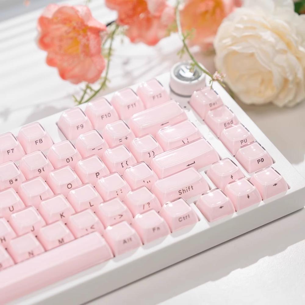 Pink Crystal Keycap Set with Side Engraved 136 Keys OEM Height Suitable for Mechanical Keyboards 61/64/68/75/104/108