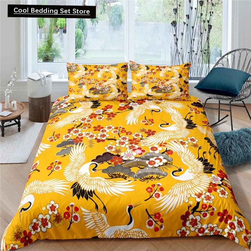 Kranich Gedrucktes Bettwäscheset 3D Rote Japanische Kirschblüten Bettbezug King Queen Größe Floral Wolke 2/3tlg. Polyester Steppdeckenbezug