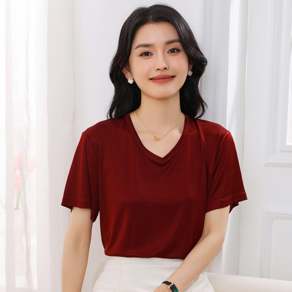 

Summer New Product: Women S V-Neck Short-Sleeve Triacetate T-Shirt Loose Fit Solid Color Casual Versatile Breathable Top S