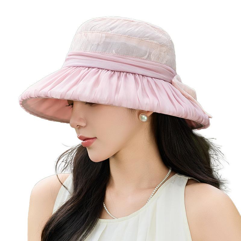 New bow seersucker sun hat children spring and summer big brim foldable sunscreen thin mesh hat