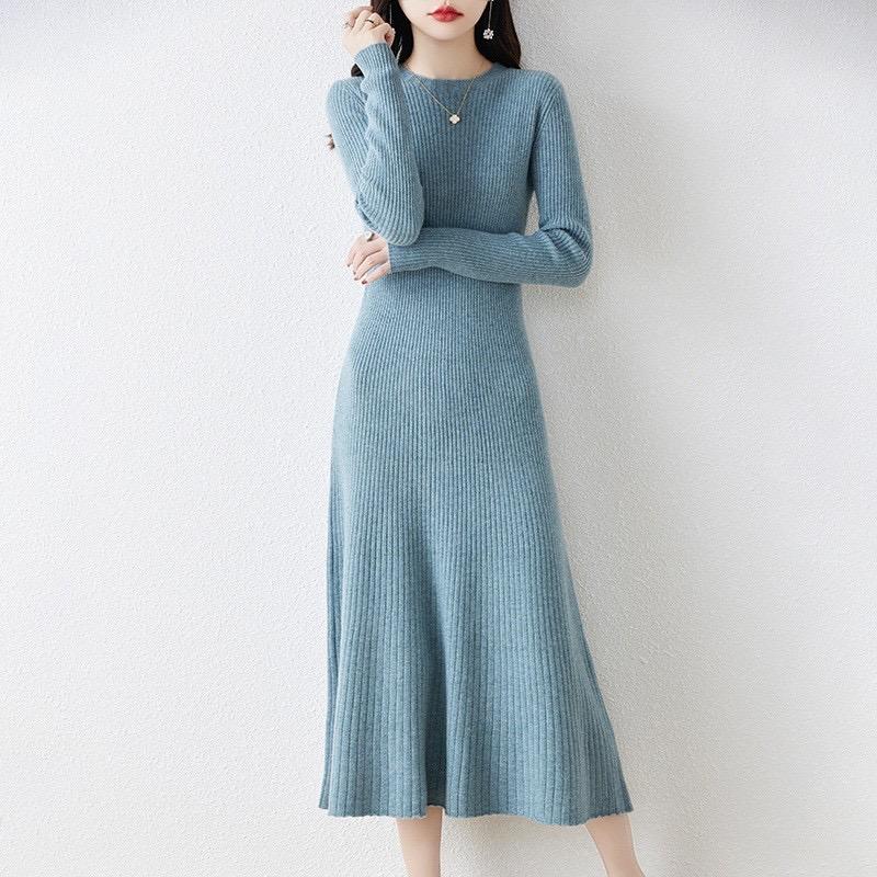 LYRIA New Women Mock Collar Dress 100% Merino Wool Pullover Skirt Autumn Winter Knitted Long Sweater Female Chic Fishtail Dress
