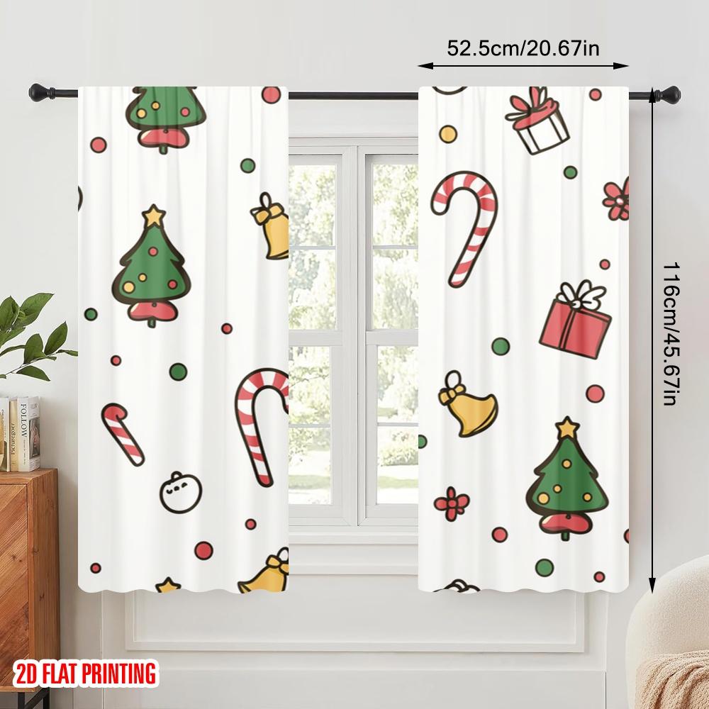 2pcs,2D Plane Printing Light Filtering Curtains Christmas Bells Candy Cane Tree Gift Durable Polyester (without Rod) Holiday for