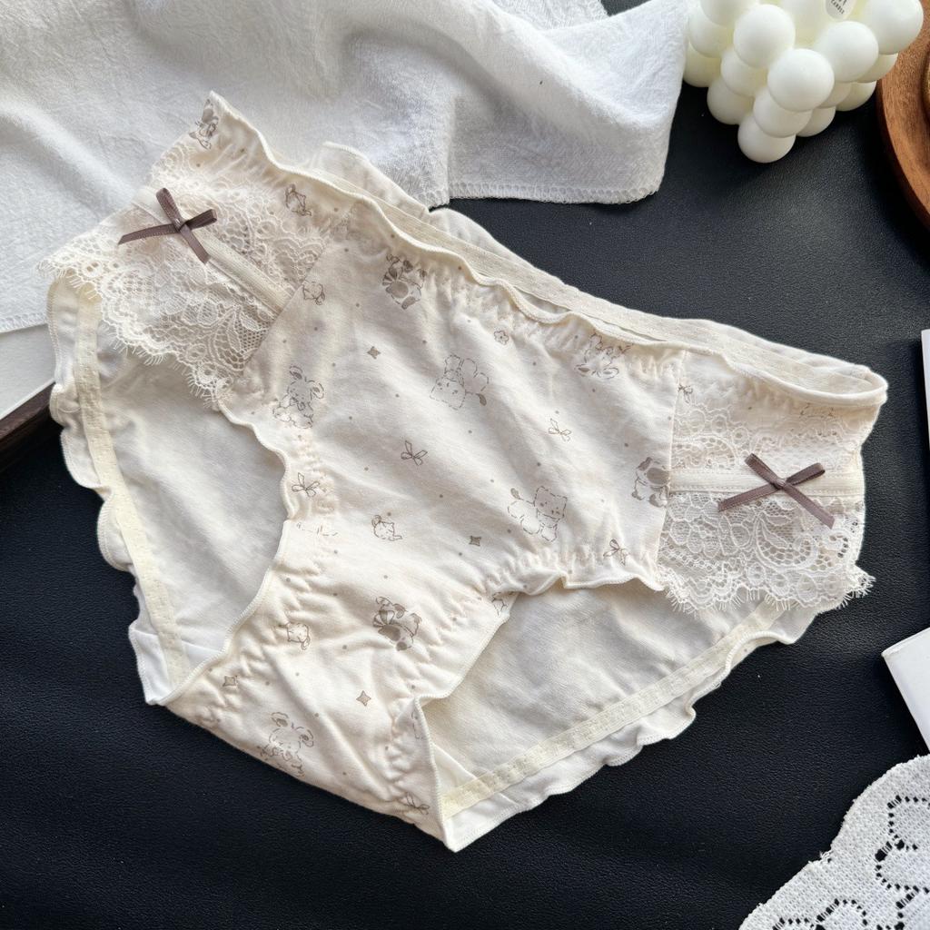 Ladies Spring and Summer Sweet Cute Cartoon Printed Lace Edge Cotton Breathable Briefs