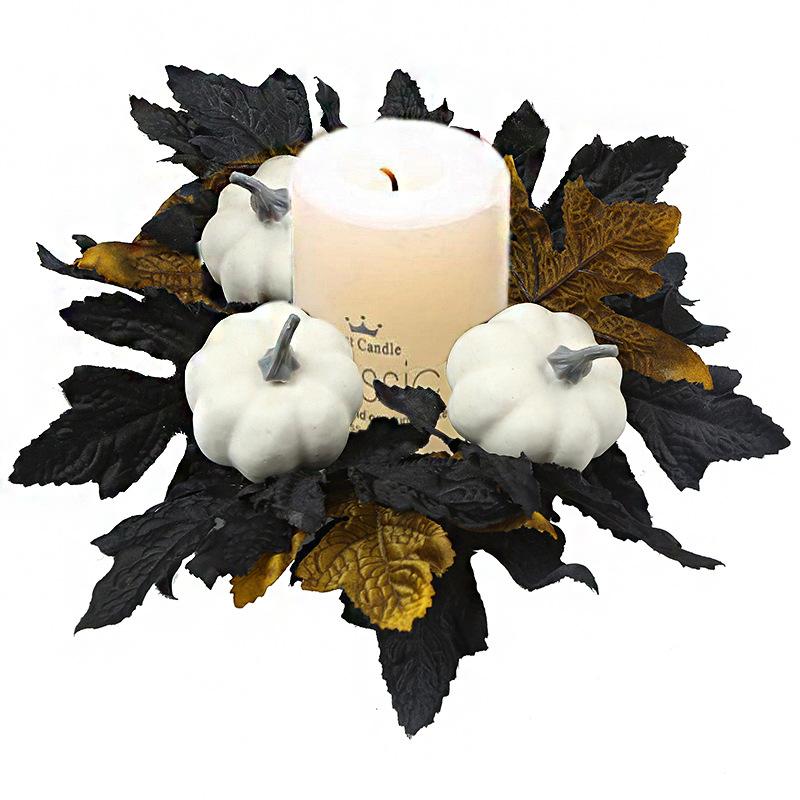 Halloween Candlestick Black Wreath Simulation Flower Maple Leaf Party Decoration Candle Tabletop Ornament Simulation Wreath