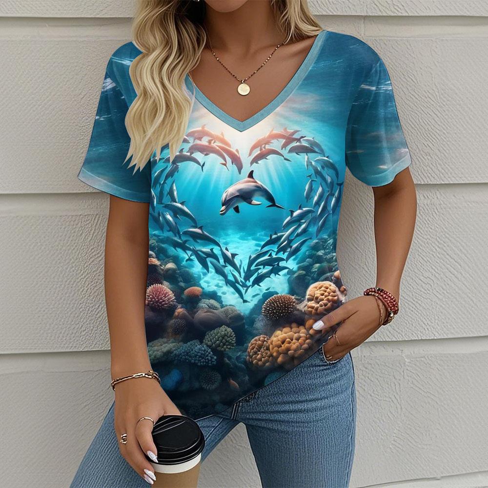 Women's T-Shirt Oversized Retro Printed Short-Sleeved V-Neck Fashion Casual Top Street Breathable Summer Women's Clothing