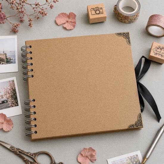 Album Foto Scrapbooking DIY, Carton cu Colțare Metalice și Legătură cu Panglică, Spirală Dublă, Carnet Gol pentru Notițe pentru Călătorie, Nuntă,