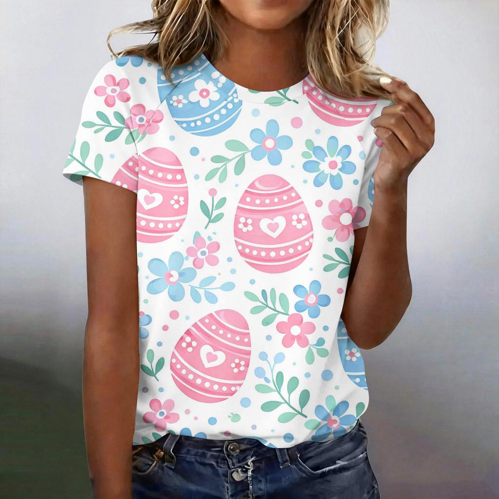 Modieus casual T-shirt met korte mouwen en raglanmouwen voor dames met paasprint.