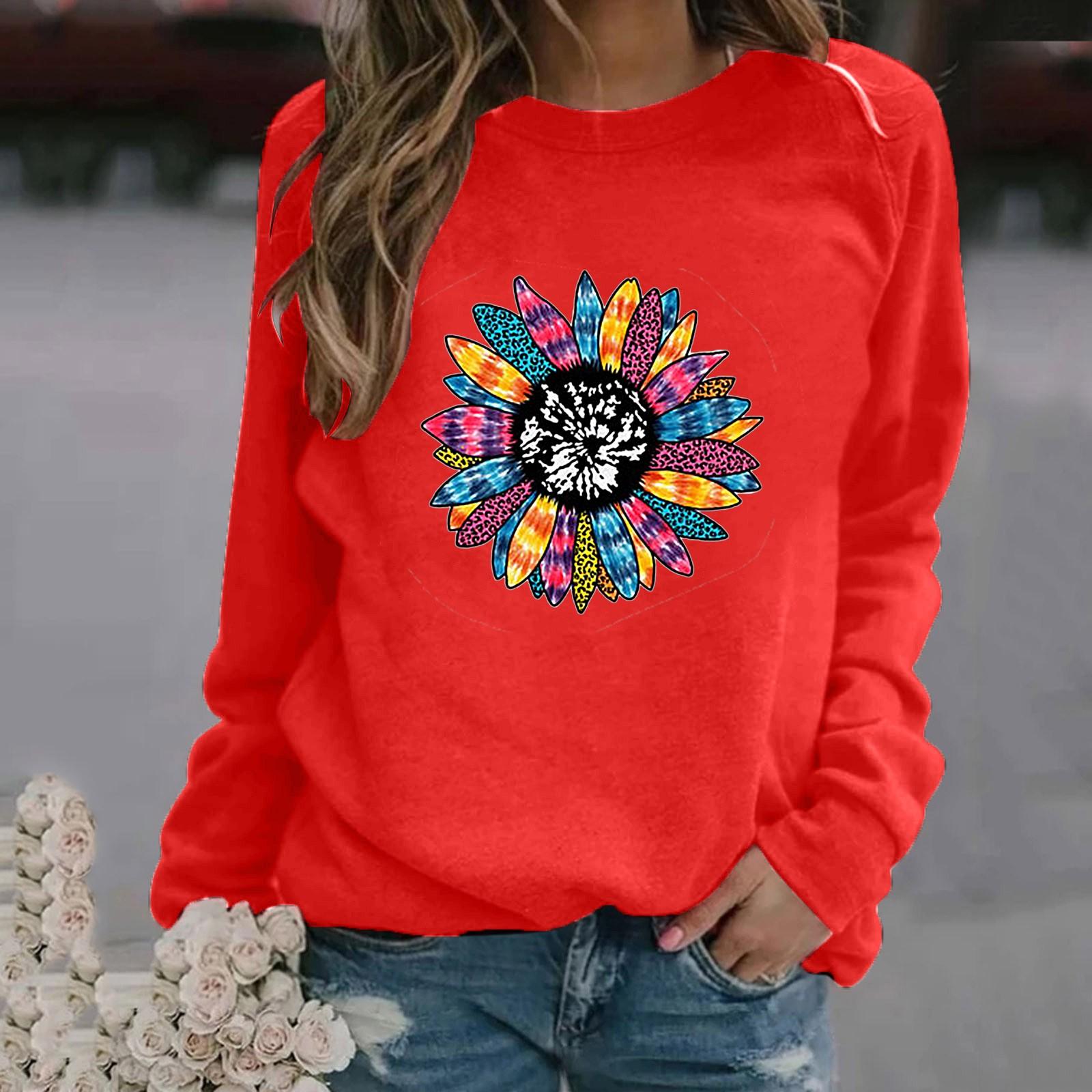 

Women s Fashion Casual Print Round Neck Sweater Loose Sports Tops Pullover S червоний