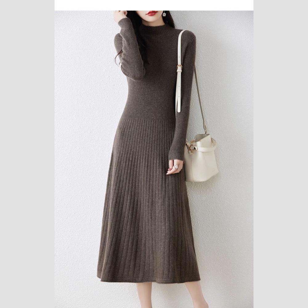 Slimming Mid-length Dress for Women Half Turtleneck Knitted Dress Solid Color A-line Sweater Dress for Autumn and Winter