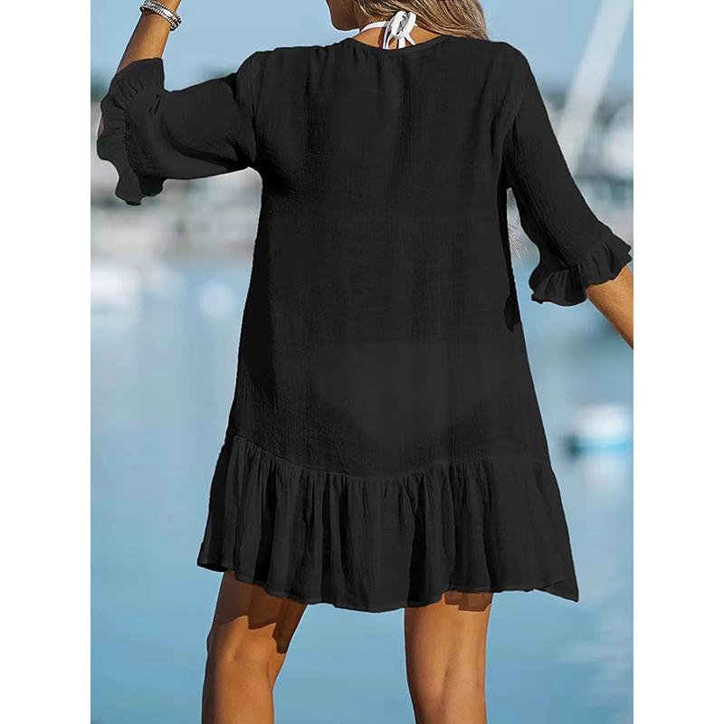 Rochie lejeră simplă cu decolteu în V rochie cu mânecă lungă