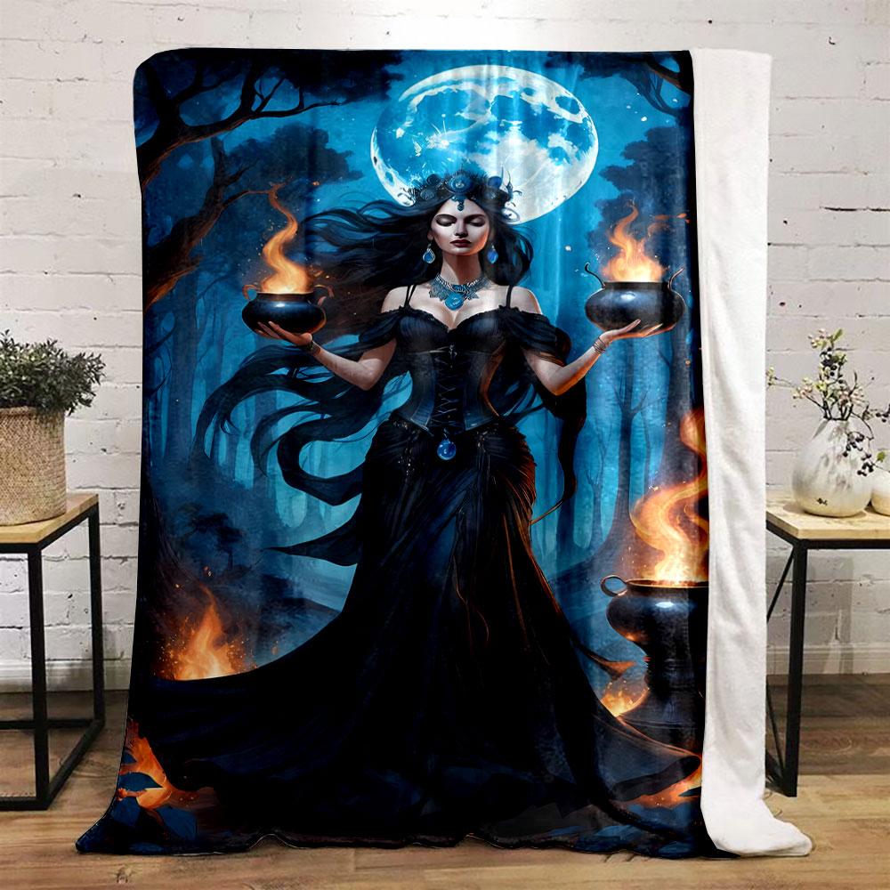 Mysterious Witch Glowing Cauldrons Moonlit Forest Blanket Bedroom Blanket for Livingroom Couch Lunch Break Soft Throw for Friend's Festival Gift
