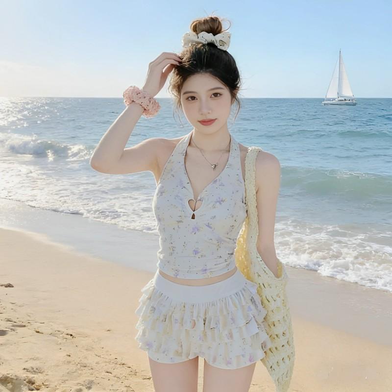 Fruit Print Cute Pure Desire Style Girl Student Conservative Split Skirt Swimming Suit Female Hanging Neck Soak In Hot Vacation