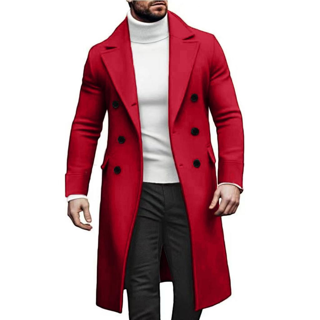 Mens Trench Coat Notch Lapel Double Breasted Peacoat Wool Blend Casual Long Overcoat