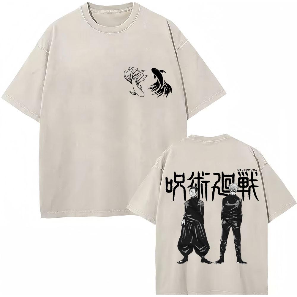 Japan Anime Jujutsu Kaisen Gewaschene T-Shirts Satoru Gojo Geto Suguru T-Shirt Lässig Baumwolle Oversized Harajuku T-Shirt