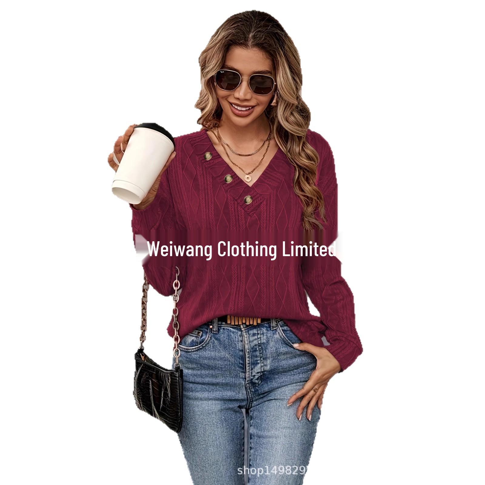 2025 Women s Casual V-neck Button Long Sleeve Top Small