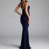 Womens Navy Blue Halter Neck Mermaid Maxi Dress Sleeveless Bodycon Evening Party Gown