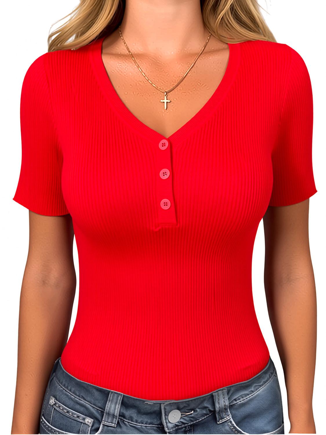

Women’s Short Sleeve Ribbed Knit V Neck Button Down Henley Top Casual Slim Fit Stretchy Basic Tee Shirt for Everyday Wear M красный