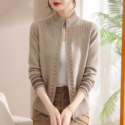 Women's Autumn Winter Turtleneck Solid Screw Thread Zipper Long Sleeve Cardigan Sweater Knitted Coats Fashion Casual Tops Plus Size