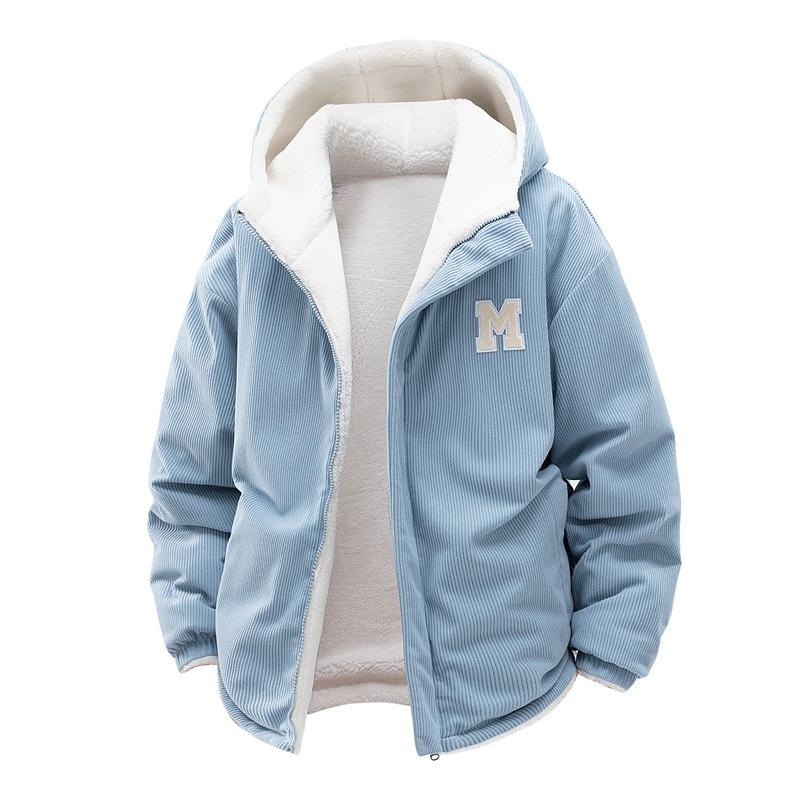 Corduroy Hooded Cotton-padded Clothes for Men and Women, Winter Thickened Cotton-padded Clothes, Fleece Couple s Cotton-padded Jackets S