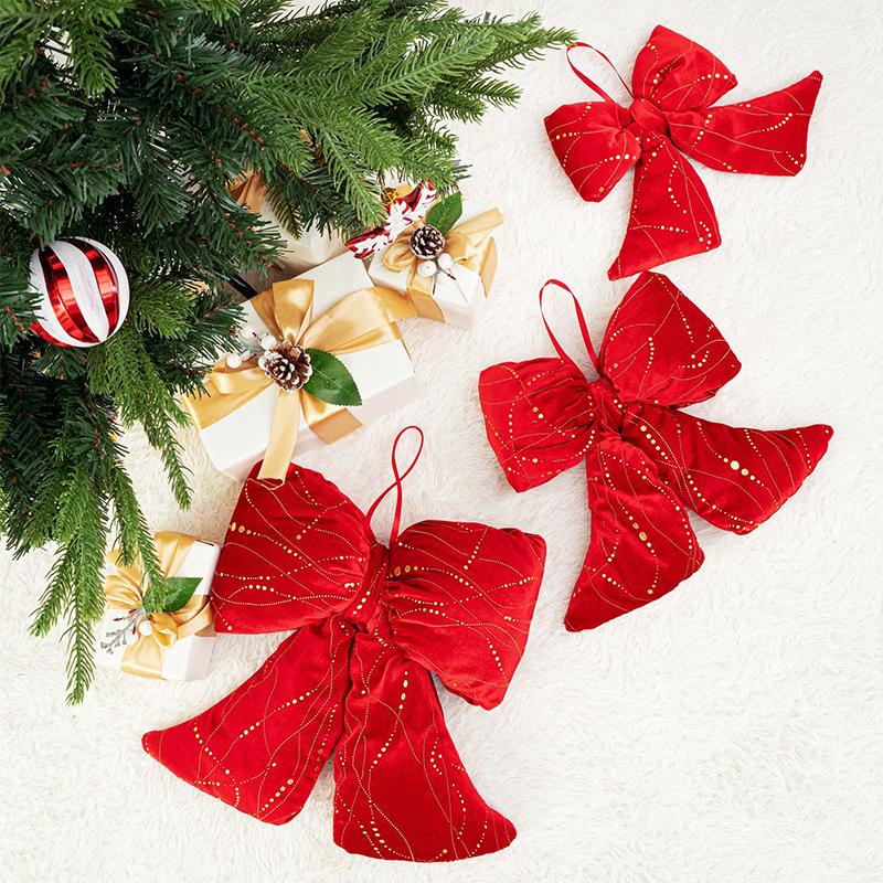 1PC Red Fireplace Bows with Glitter Surface Wreath Hanging Pendants Home Big Christmas Cloth Bows Ornaments Party 3 Sizes