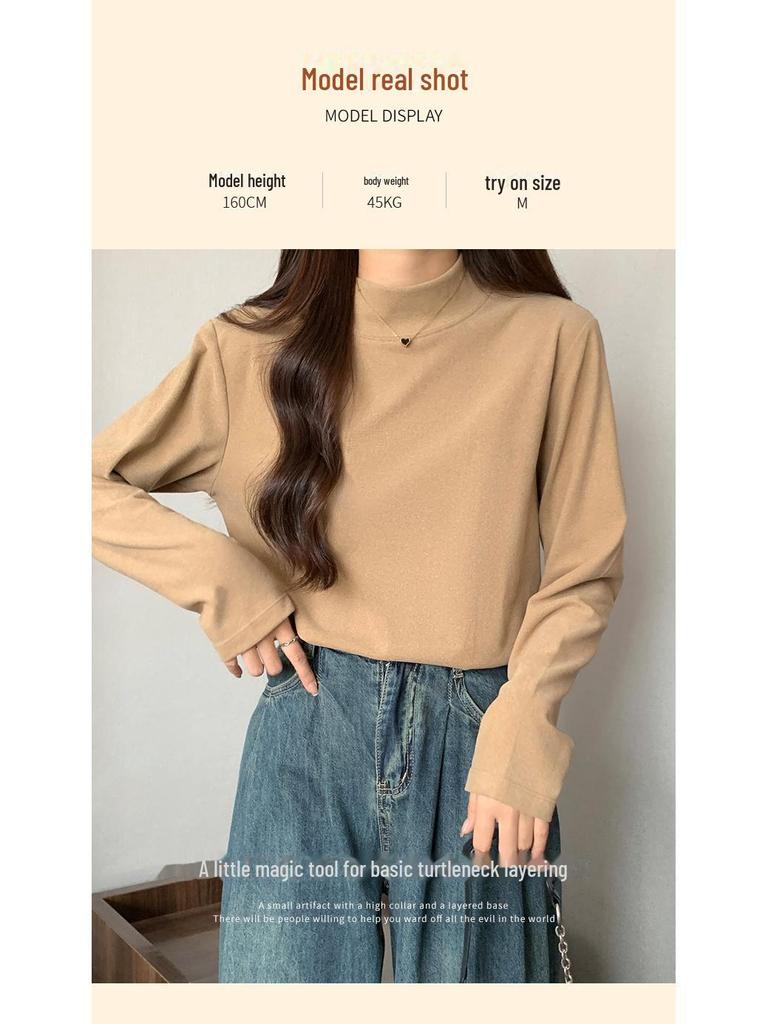 Women's Korean Style Double-Sided Velvet Long-Sleeve Turtleneck Top - Solid Color