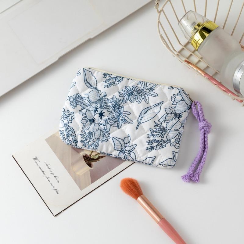 Plic Cosmetic cu Fundă Florală, Geantă Mică Pătrată pentru Machiaj cu Fermoar, Depozitare Portabilă pentru Ruj, Portofel pentru Monede pentru Femei