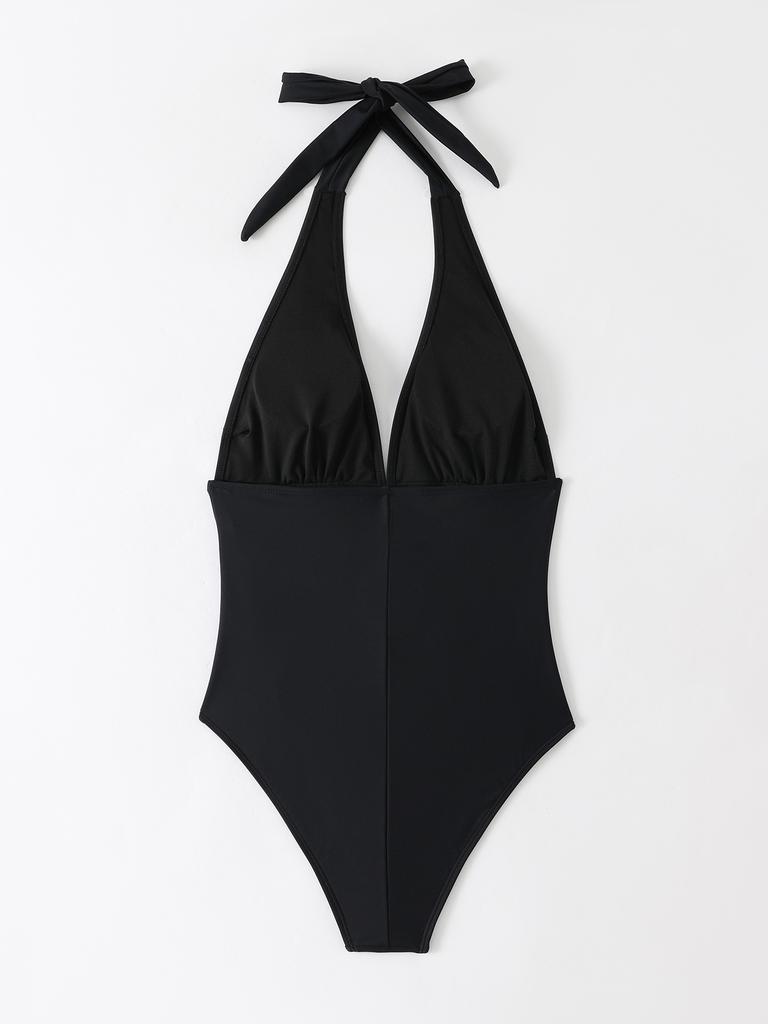Sexy V Neck Halter Lace Up Pleated Slim Waist Bikini Swimsuit For Beach